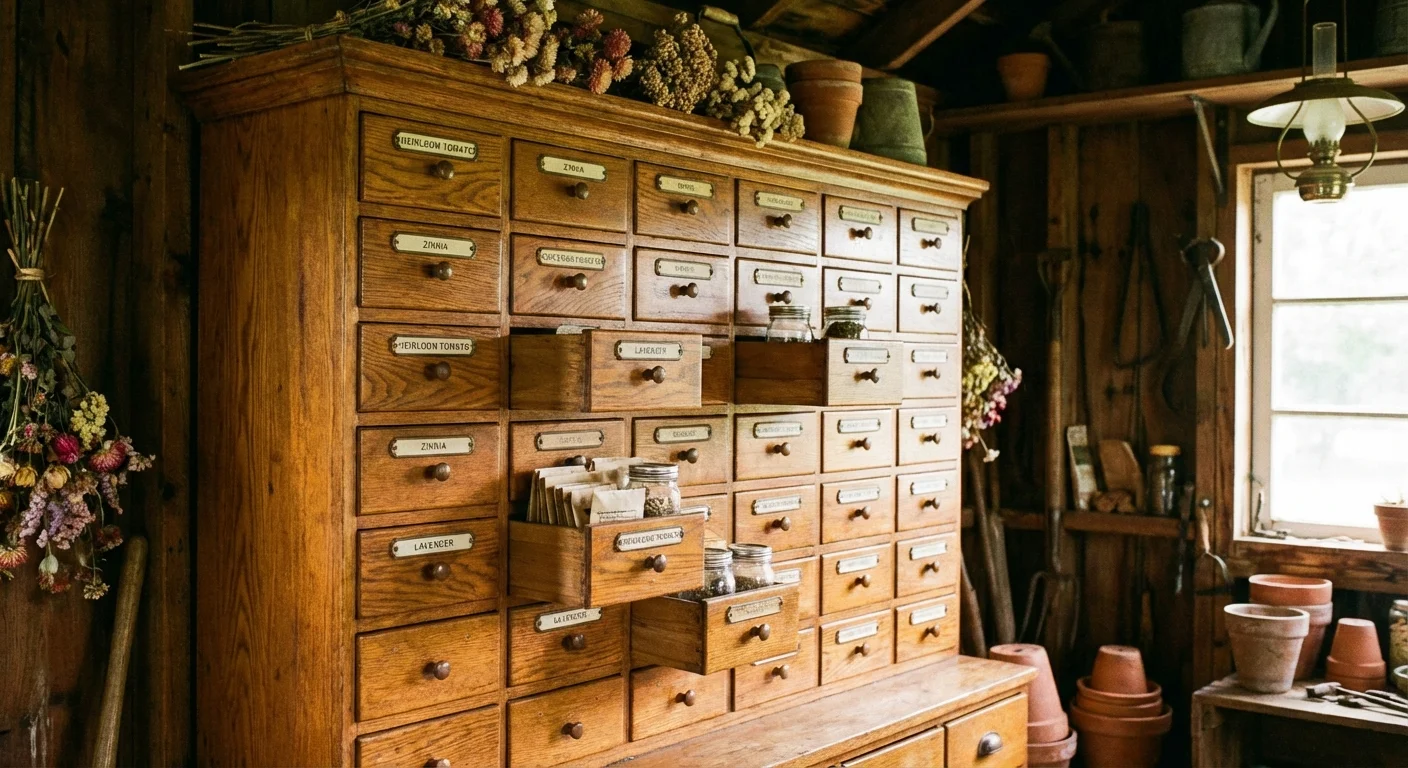 A vintage wooden cabinet with many small drawers for organizing seeds.