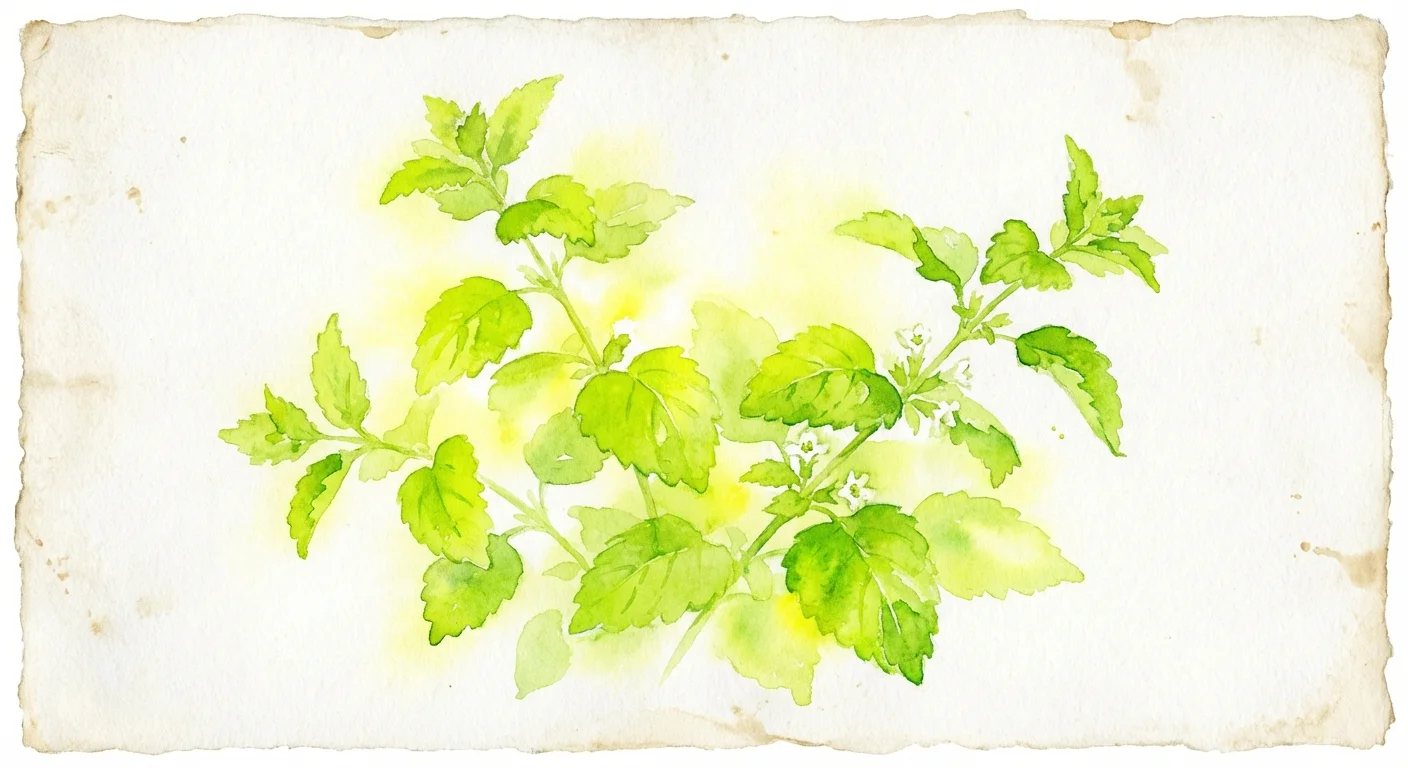 A watercolor painting of lemon balm leaves with a hint of yellow citrus glow.