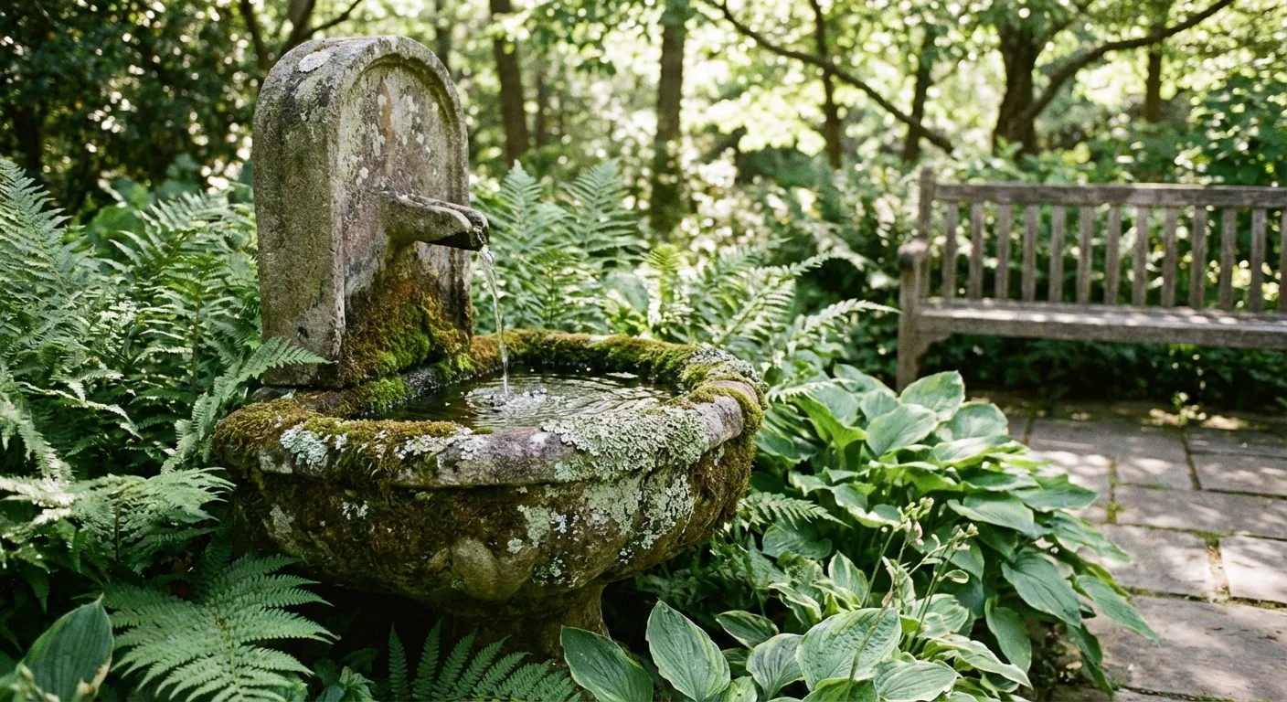 A weathered stone water fountain surrounded by lush green ferns.