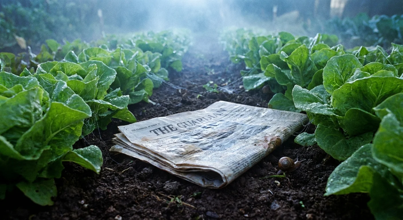A wet, folded newspaper lying on garden soil between rows of fresh lettuce plants.
