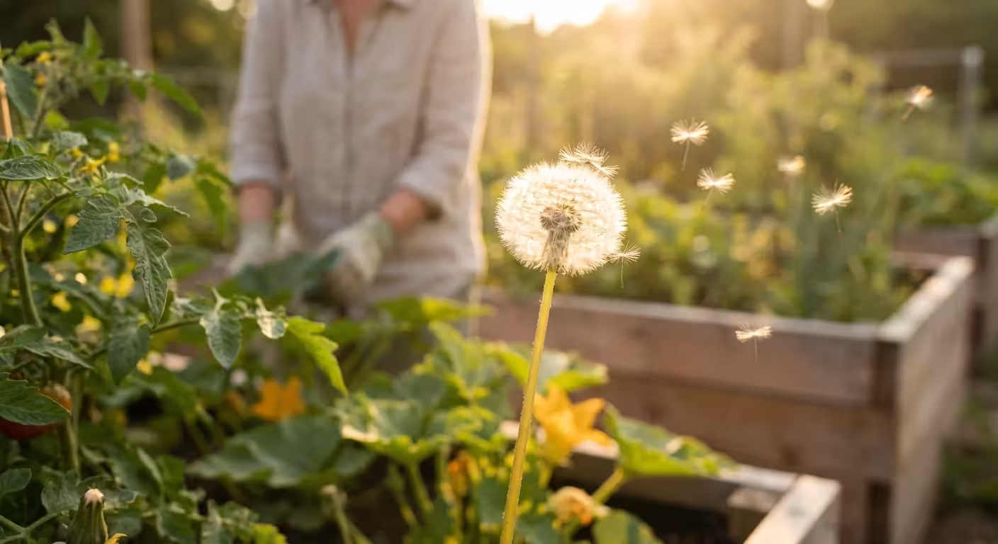 A white dandelion seed head ready to blow in a vegetable garden.