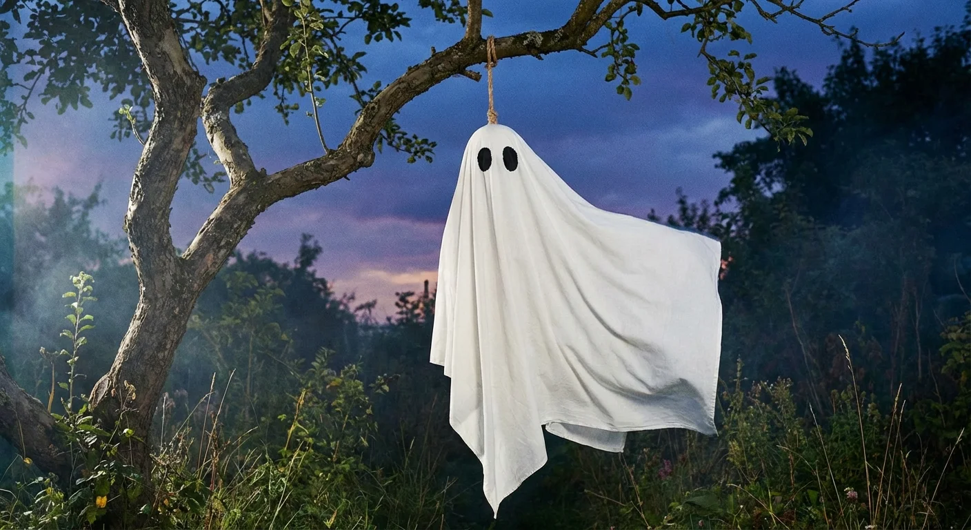 A white fabric ghost hanging from a tree branch in a garden at dusk.