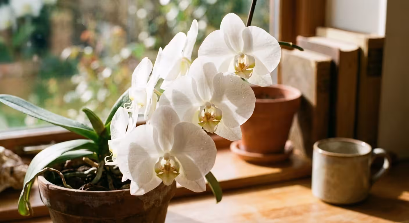 A white Moth Orchid blooming beautifully on a sunlit windowsill.