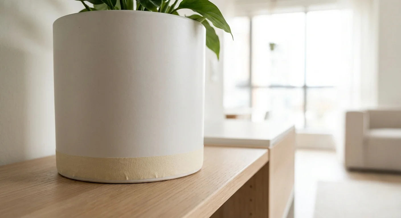 A white plant pot with a strip of adhesive paper around the base as a barrier.