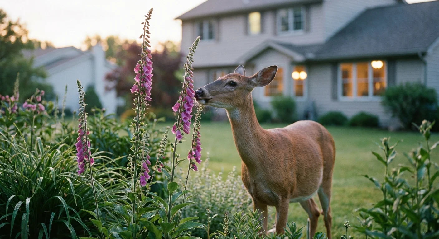 A white-tailed deer eating flowers in a backyard garden at dusk.