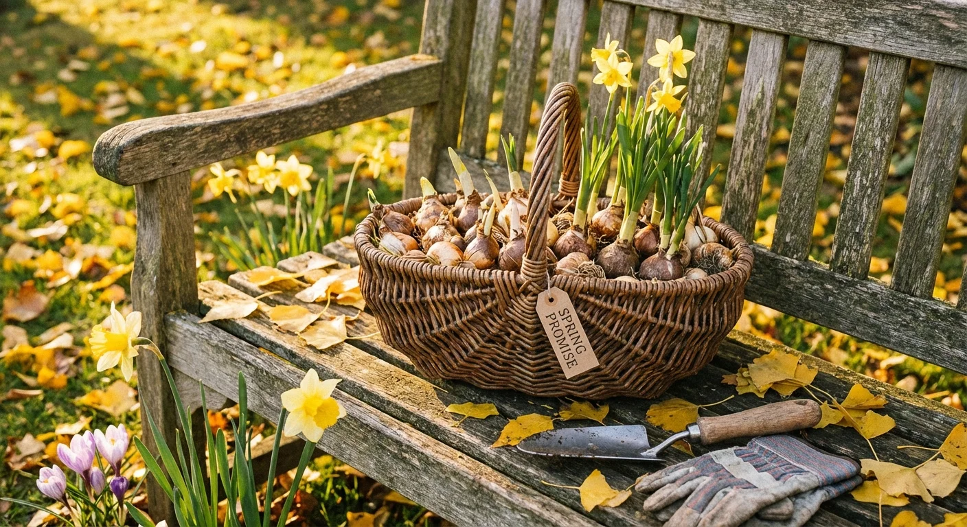 A wicker basket filled with daffodil bulbs on a wooden bench.