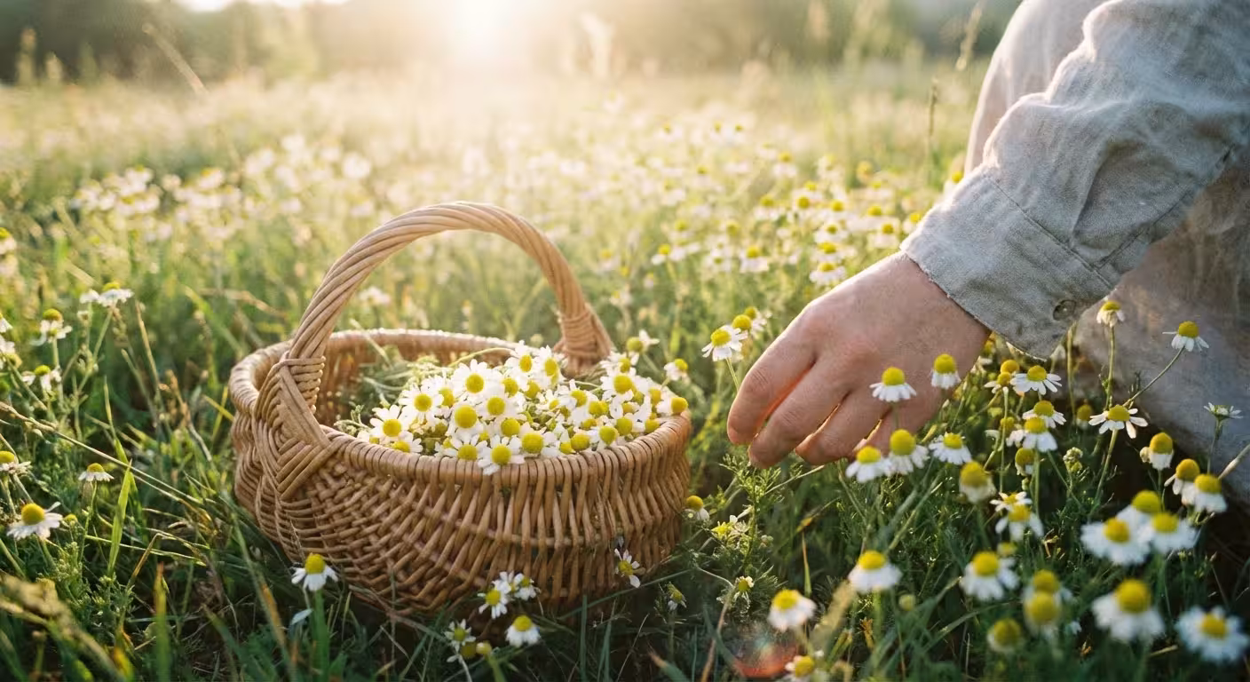 A wicker basket full of chamomile flowers sitting in a field of daisies.