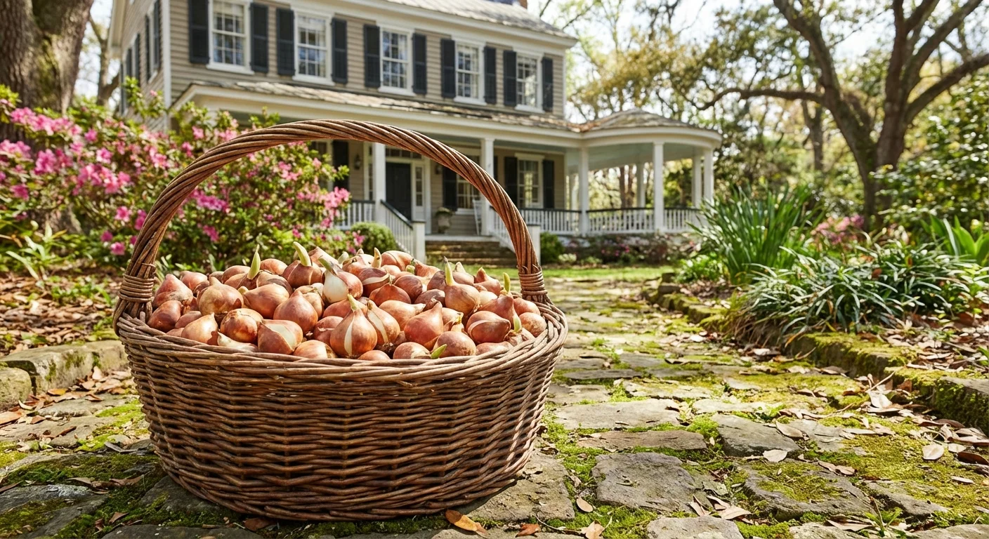 A wicker basket full of new tulip bulbs on a stone path.