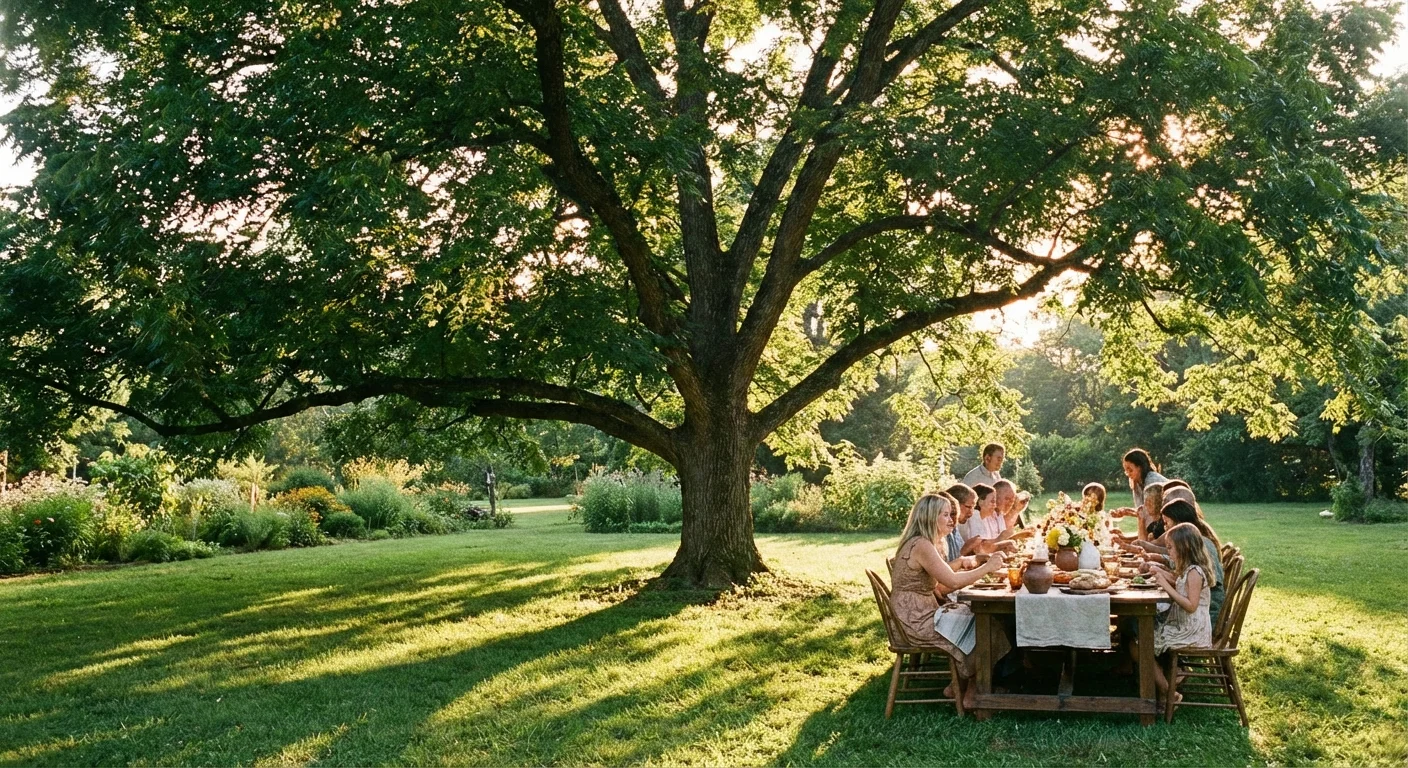A wide Pecan tree casting deep shade over an outdoor dining area on a lawn.