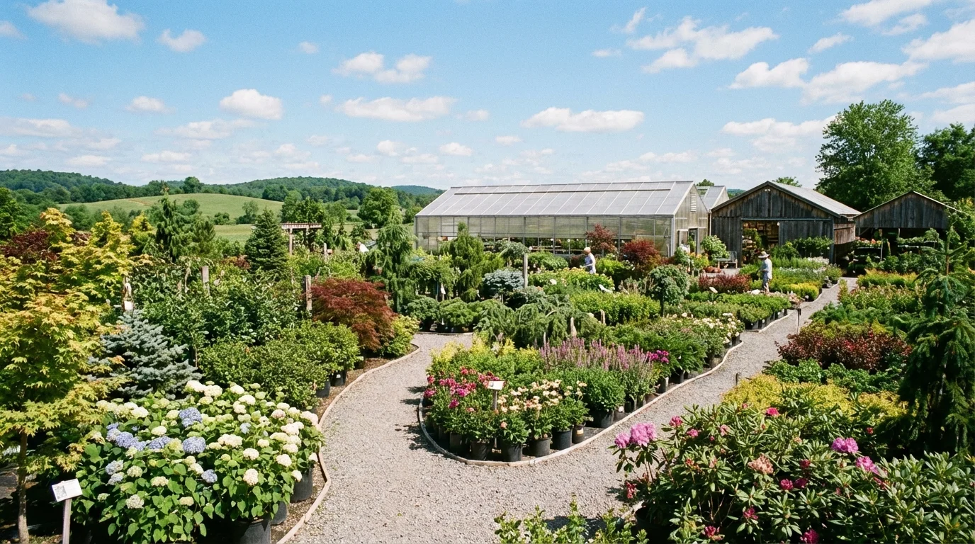 A wide view of a local plant nursery with rows of green shrubs.