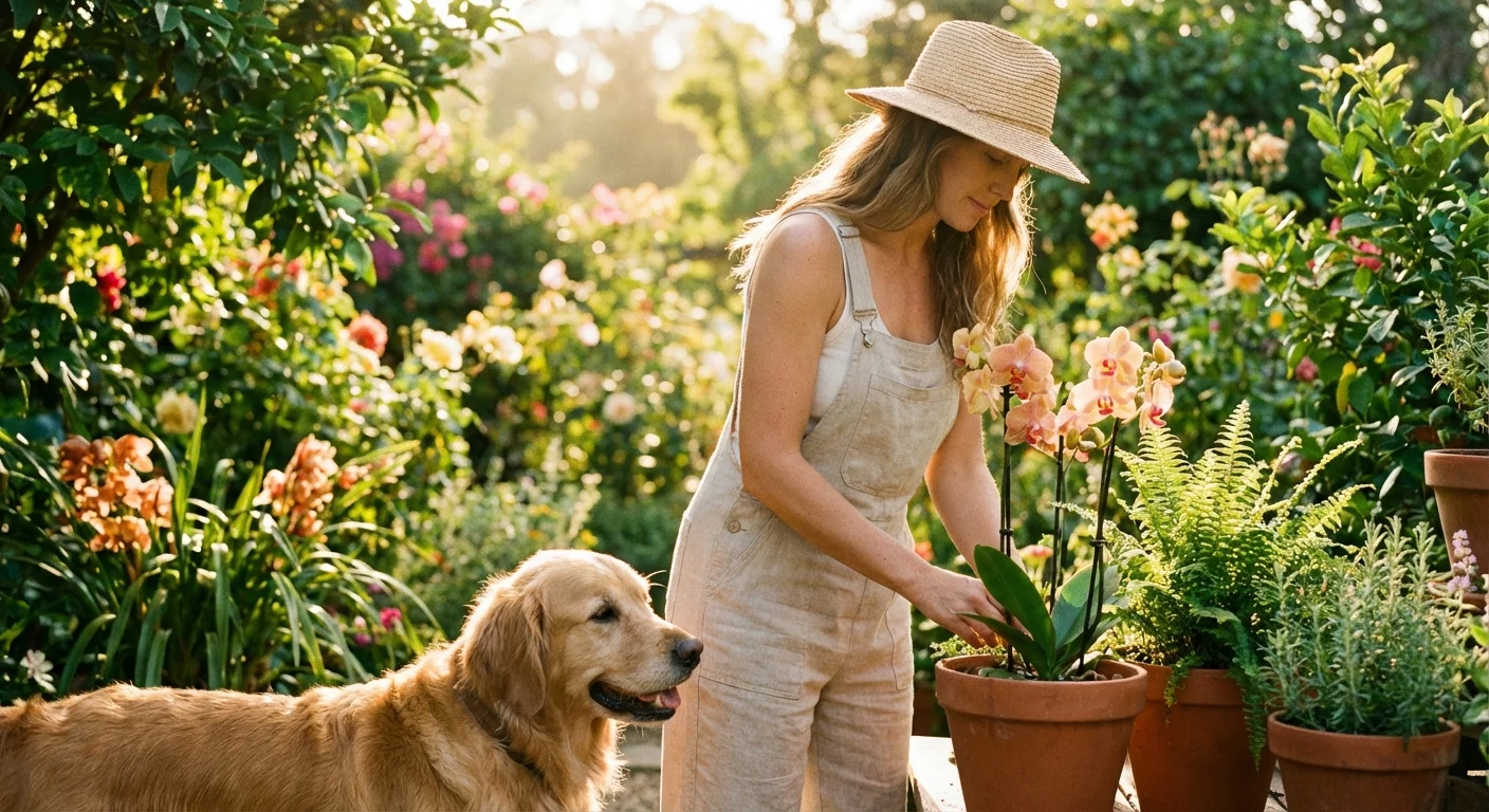 A woman and her dog gardening together in a lush, sunny backyard filled with safe plants.