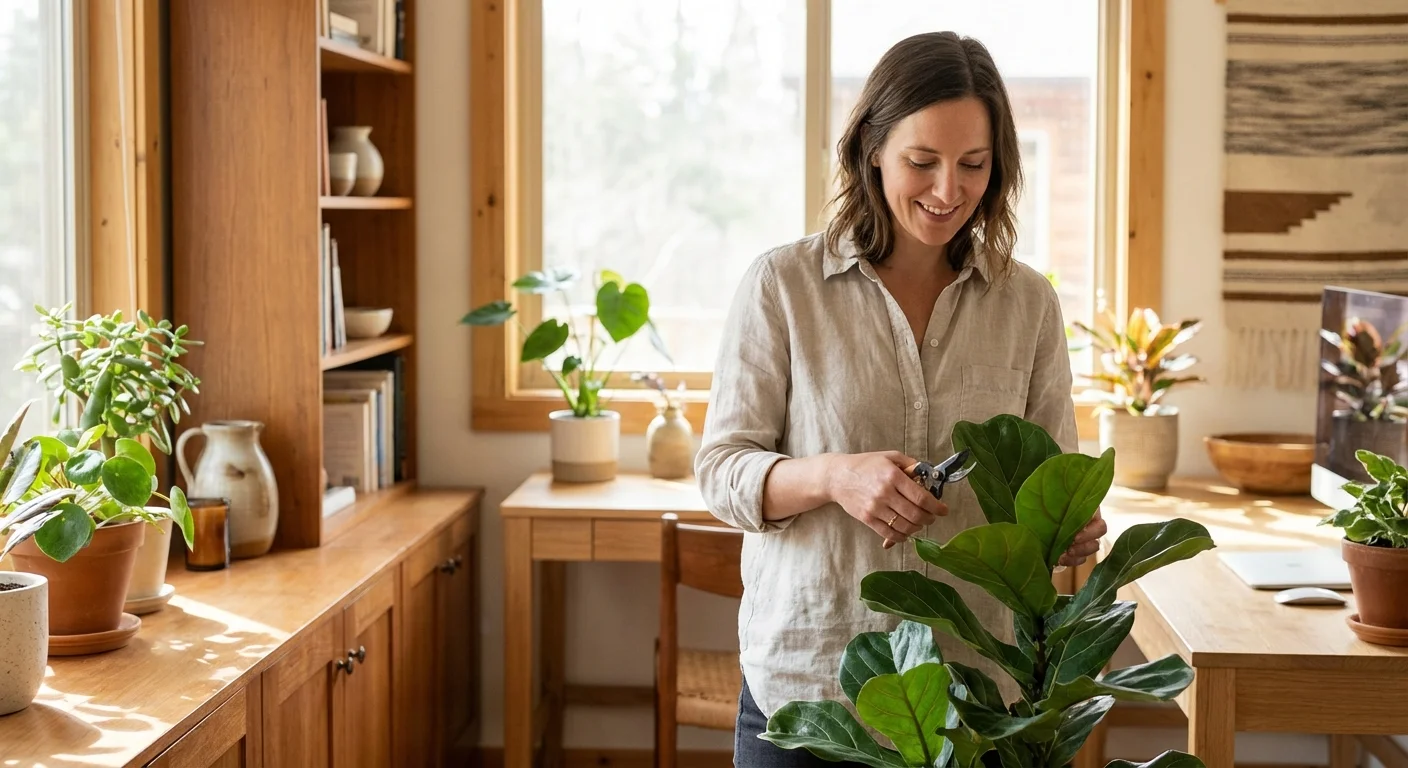 A woman caring for a green houseplant in a bright, peaceful home office setting.