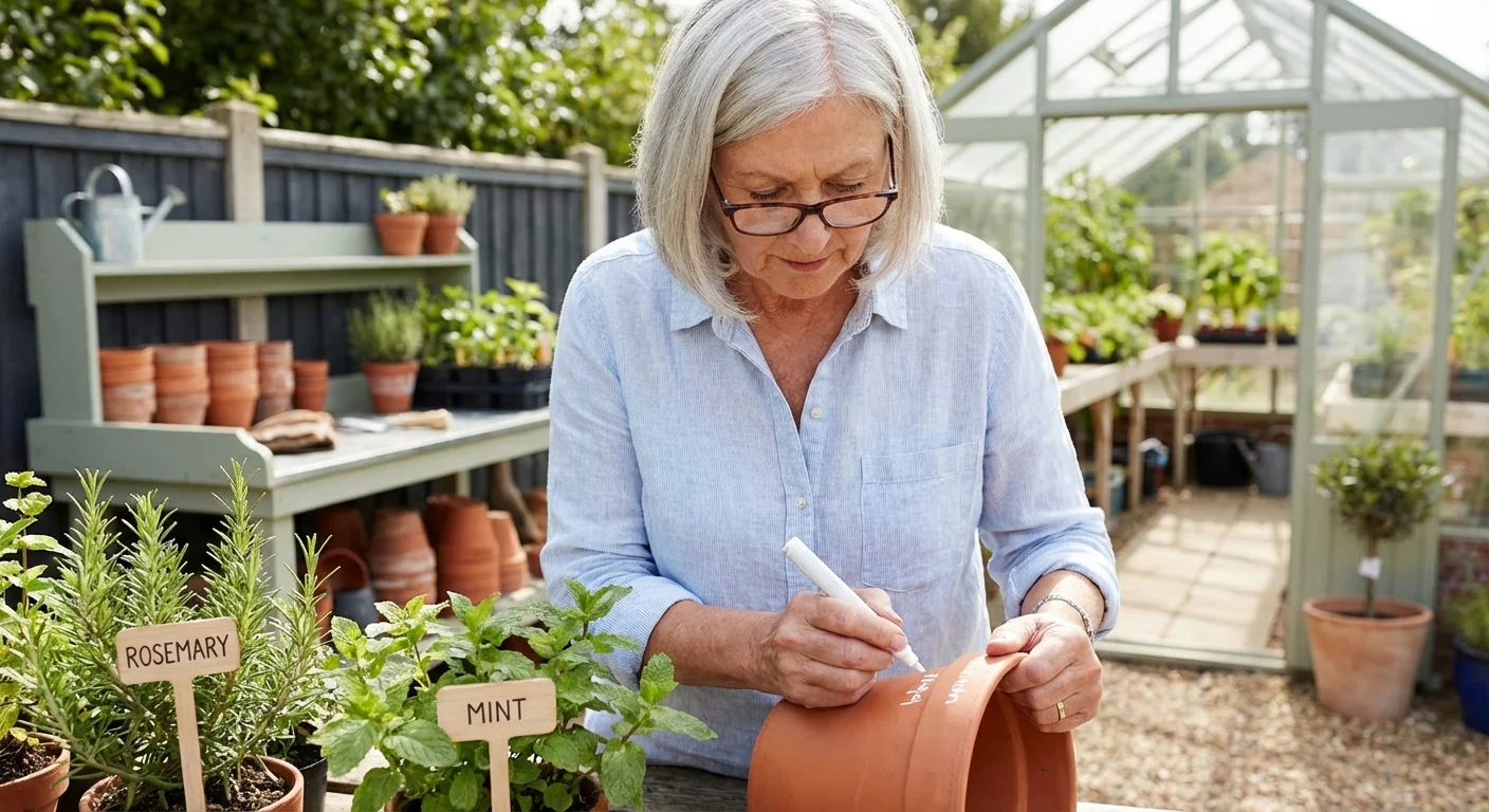 A woman labeling herb pots in a garden, focusing on her task.