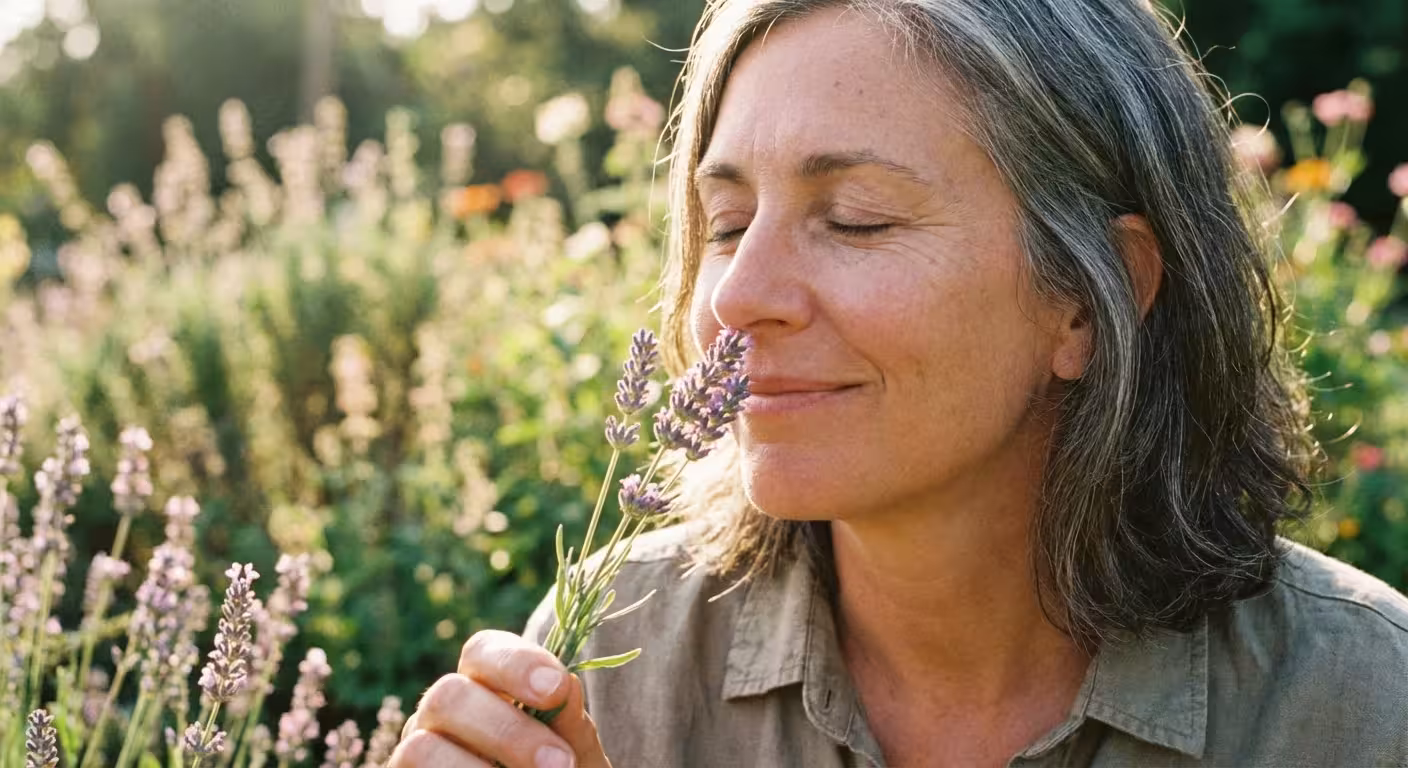 A woman peacefully smelling lavender in a sunlit garden.