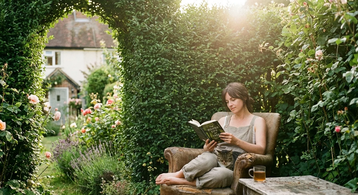 A woman reading in a garden chair behind a tall, dense green hedge that blocks the view of neighbors.