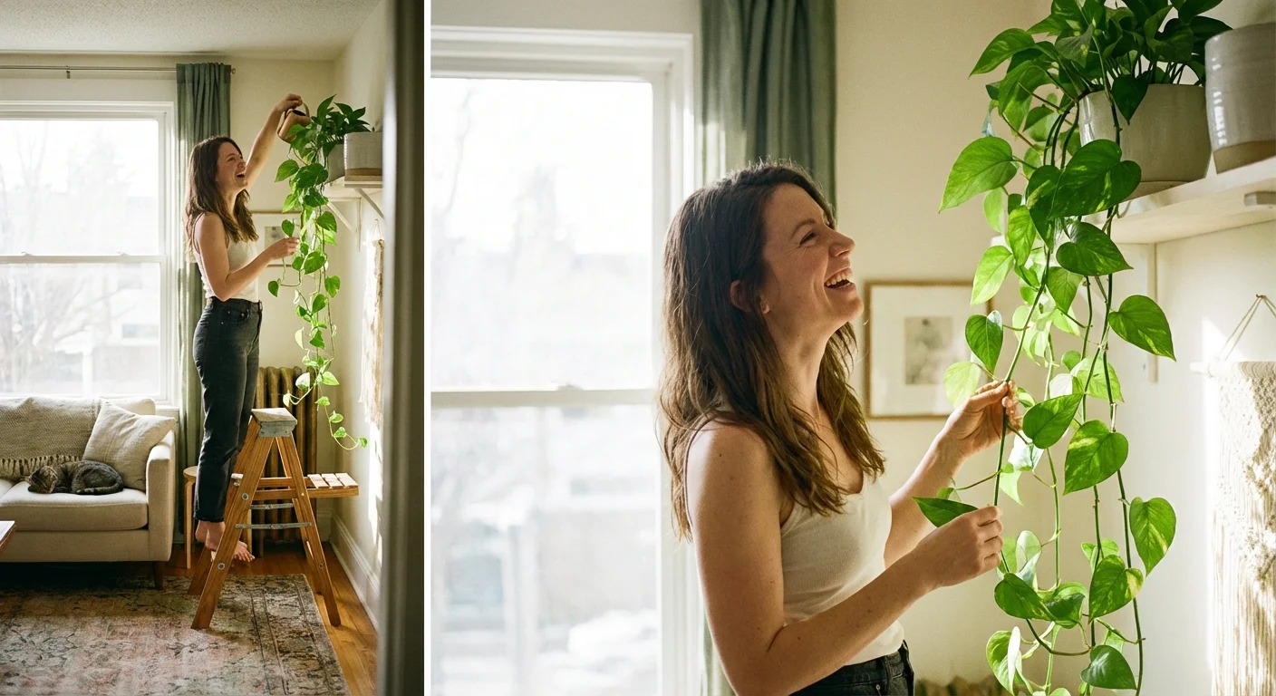 A woman smiling while tending to a healthy Golden Pothos plant in a brightly lit, modern home.