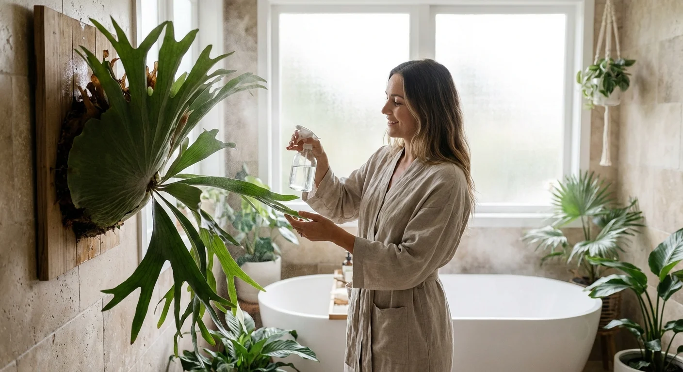 A woman tending to a hanging Staghorn fern in a bright, airy bathroom, creating a peaceful and healthy indoor environment.
