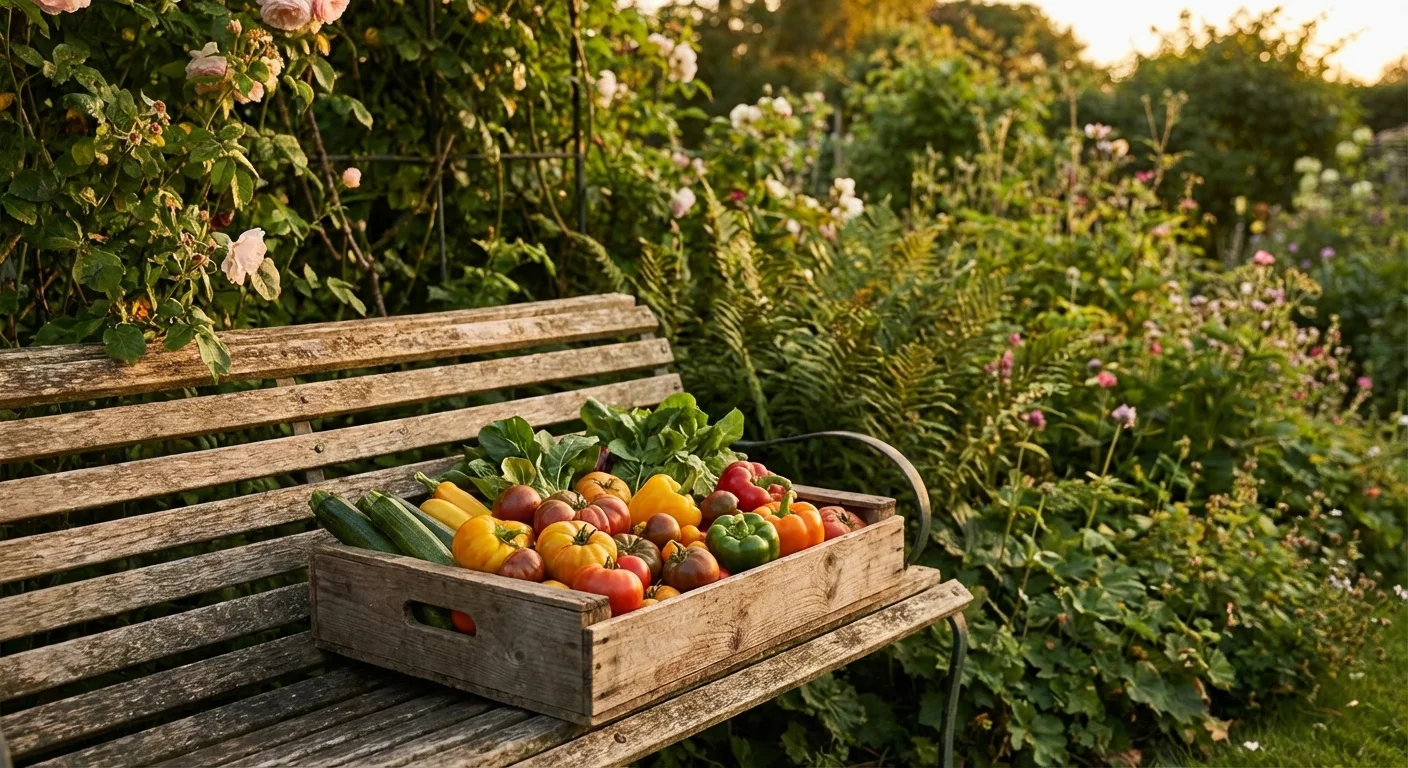 A wooden basket filled with a diverse harvest of fresh garden vegetables.
