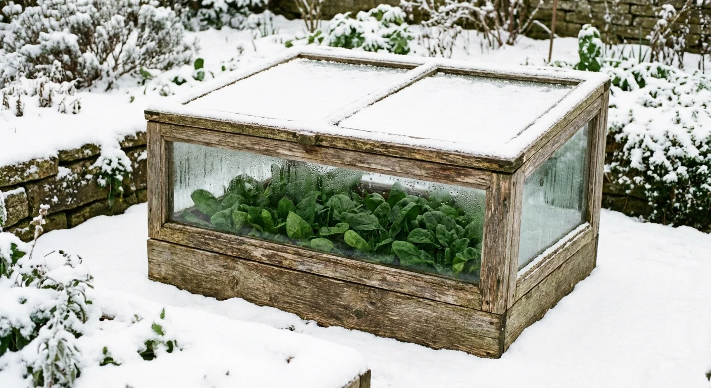 A wooden cold frame protecting green leafy vegetables in a snowy garden.