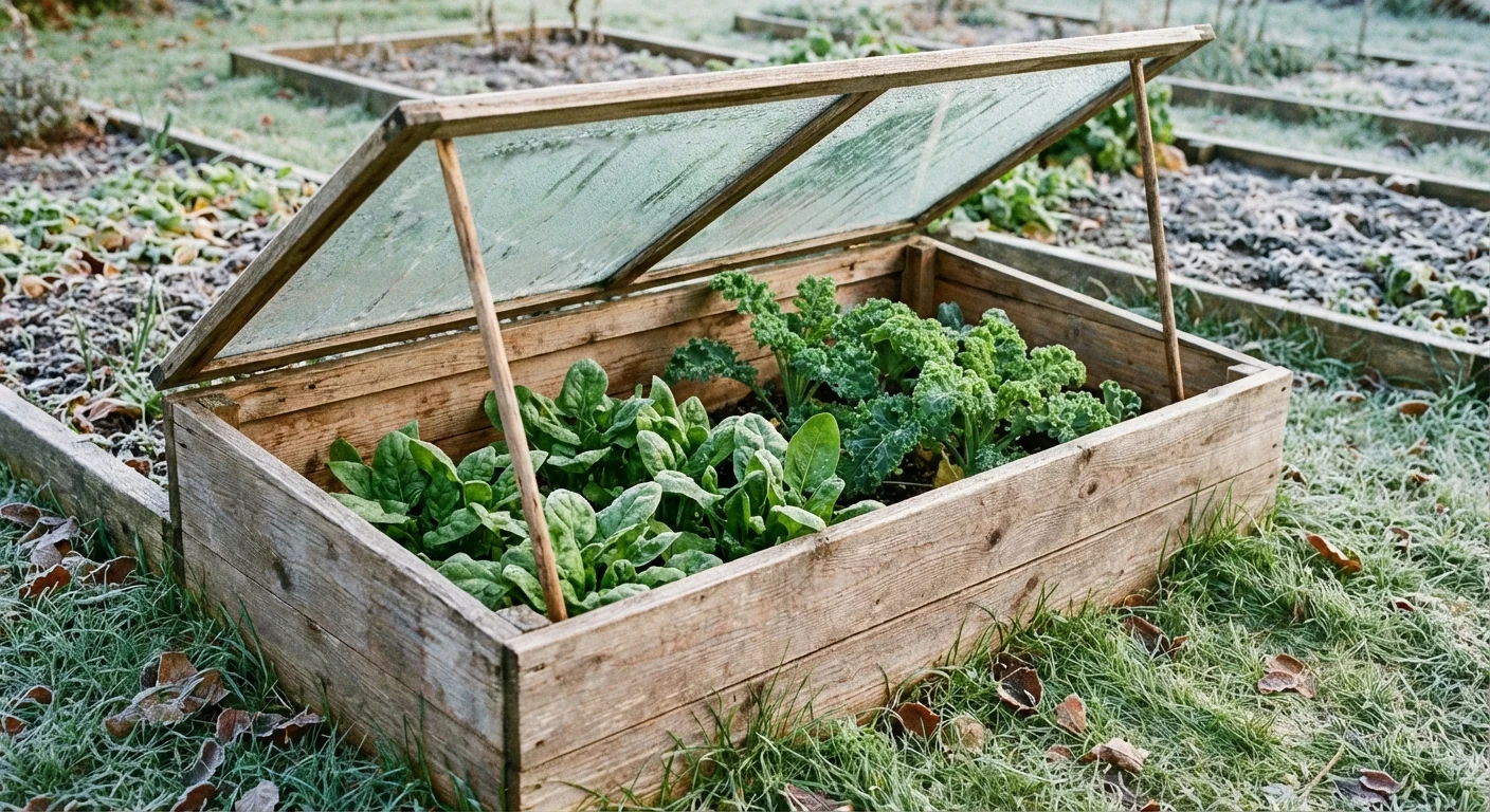A wooden cold frame protecting green vegetables in a frosty garden.
