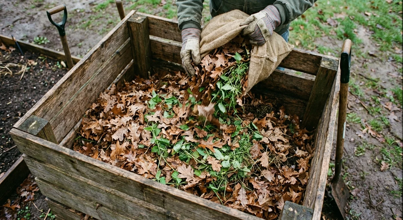 A wooden compost bin filled with autumn leaves and garden waste.