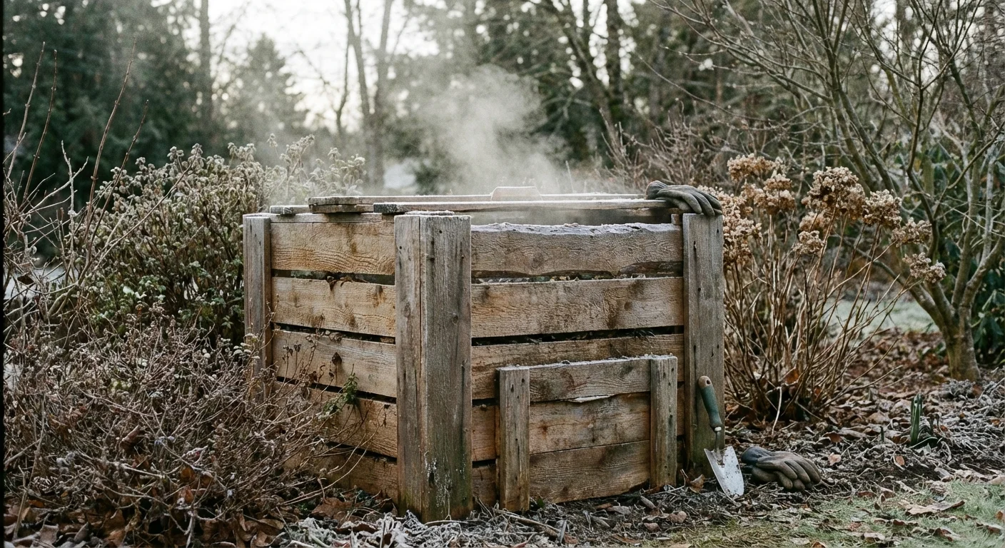 A wooden compost bin in a winter garden with light steam rising from the top.