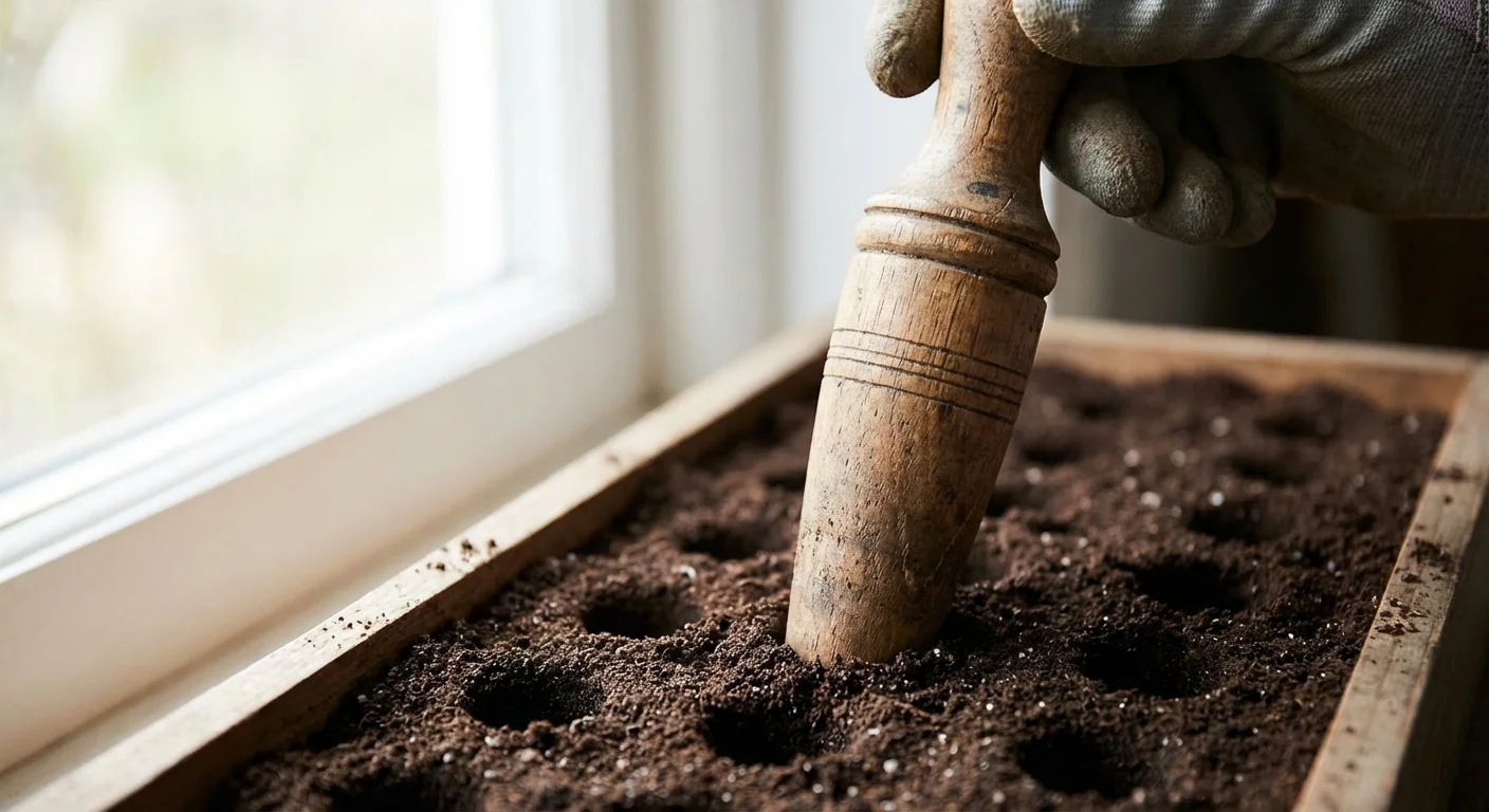 A wooden dibber tool making holes in a seed tray for planting.
