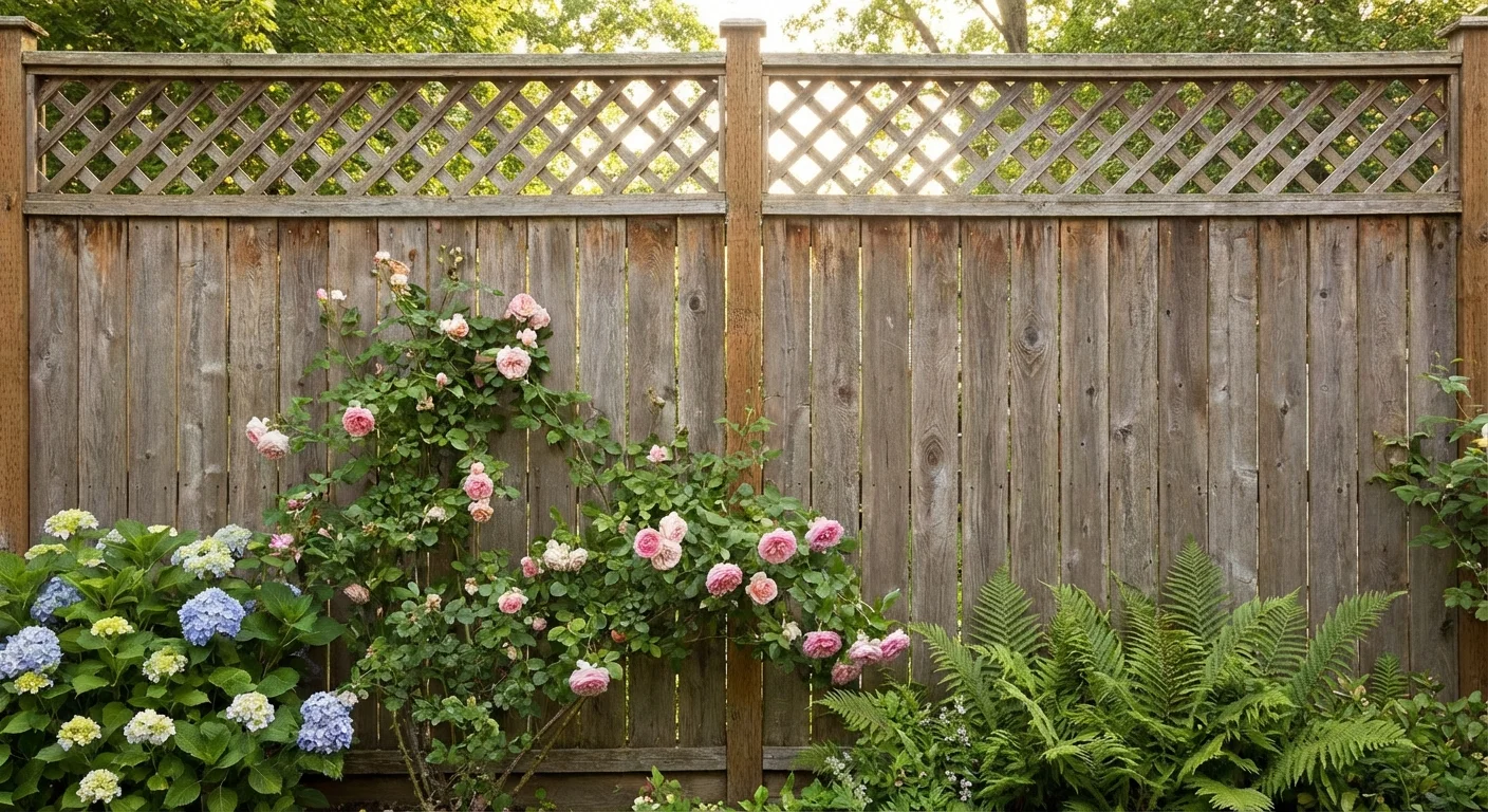A wooden fence with a lattice topper added to increase height and privacy.