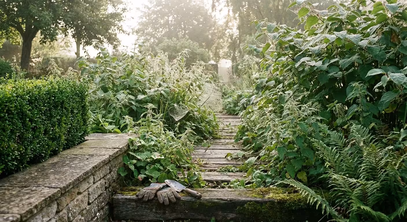 A wooden garden path bordered by dense, wild green foliage and weeds.