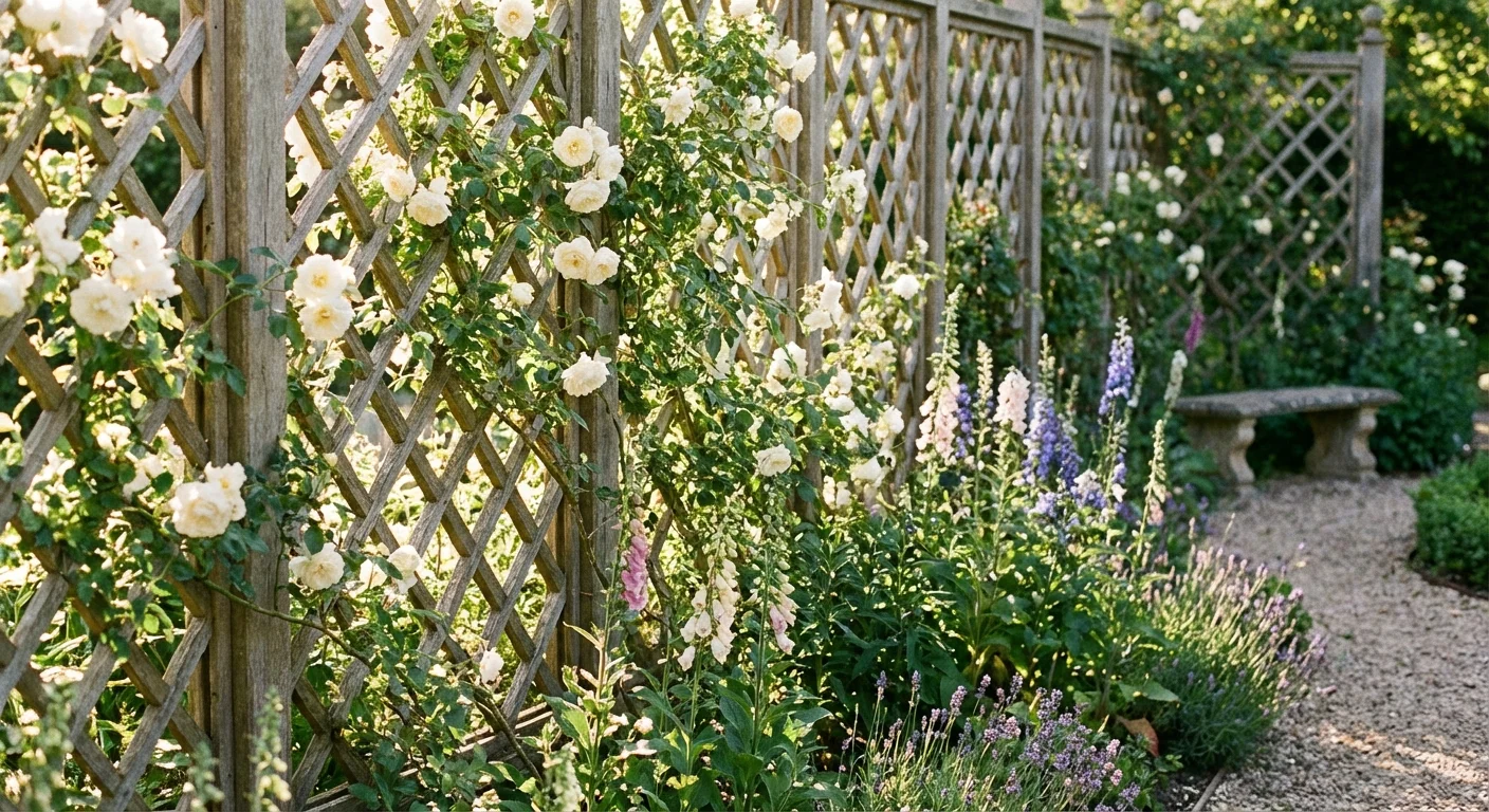A wooden garden trellis with climbing white roses creating a decorative privacy screen.
