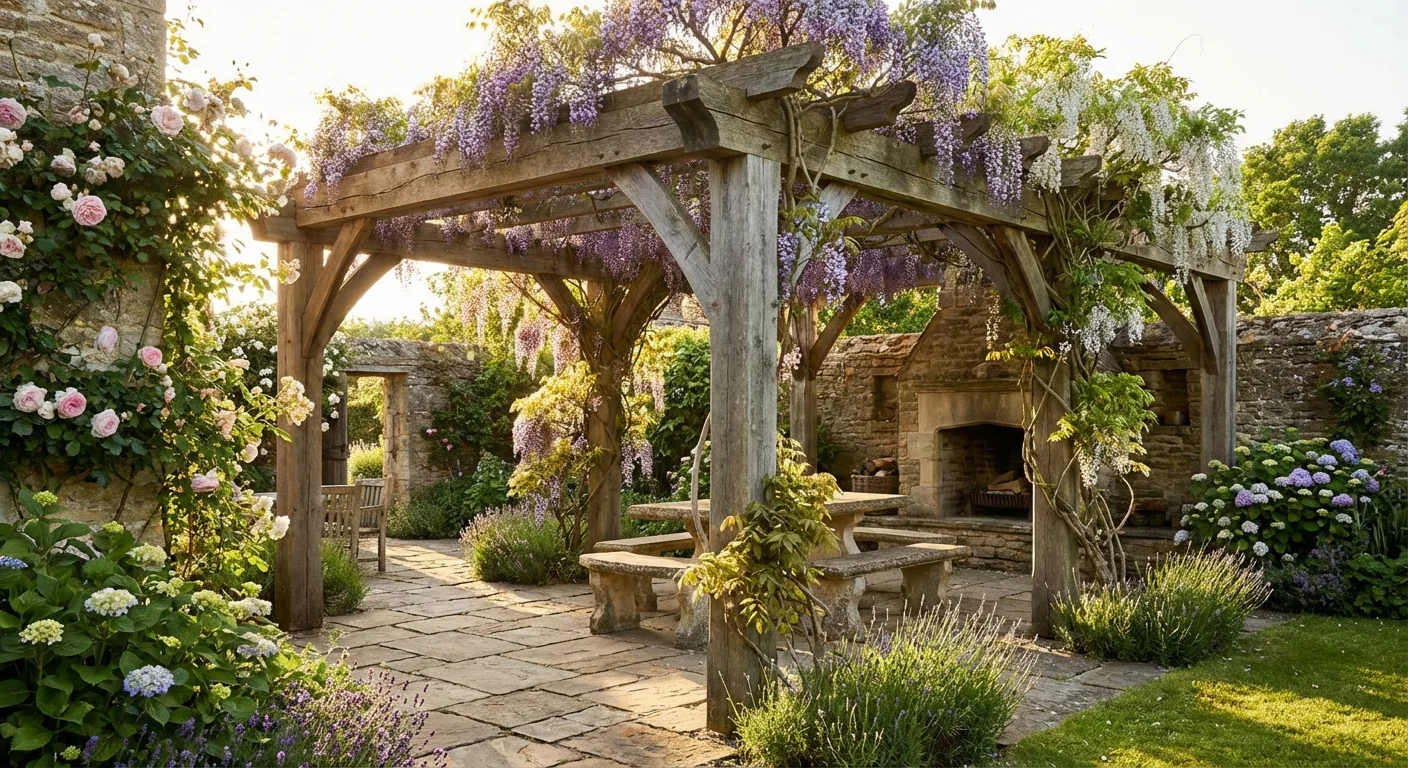 A wooden pergola with hanging wisteria providing a sense of privacy and shade.