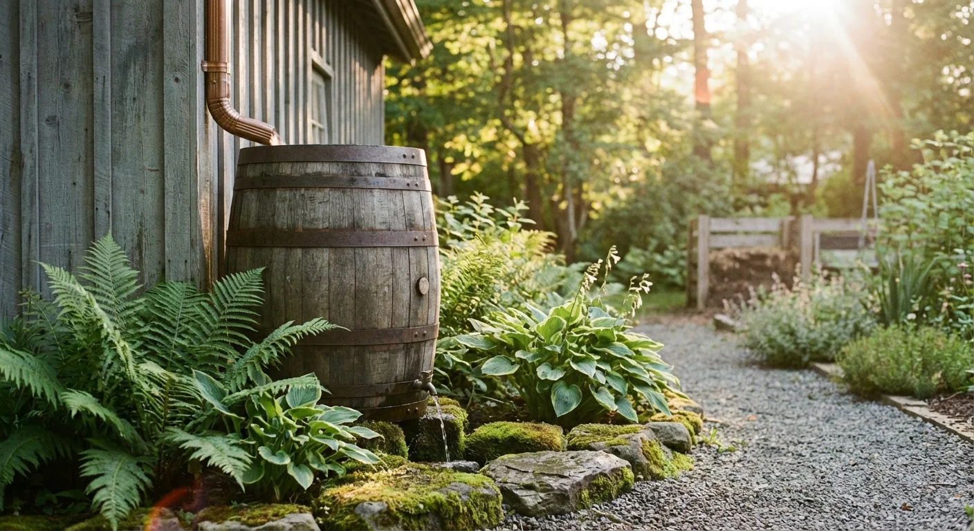 A wooden rain barrel attached to a garden shed for water collection.