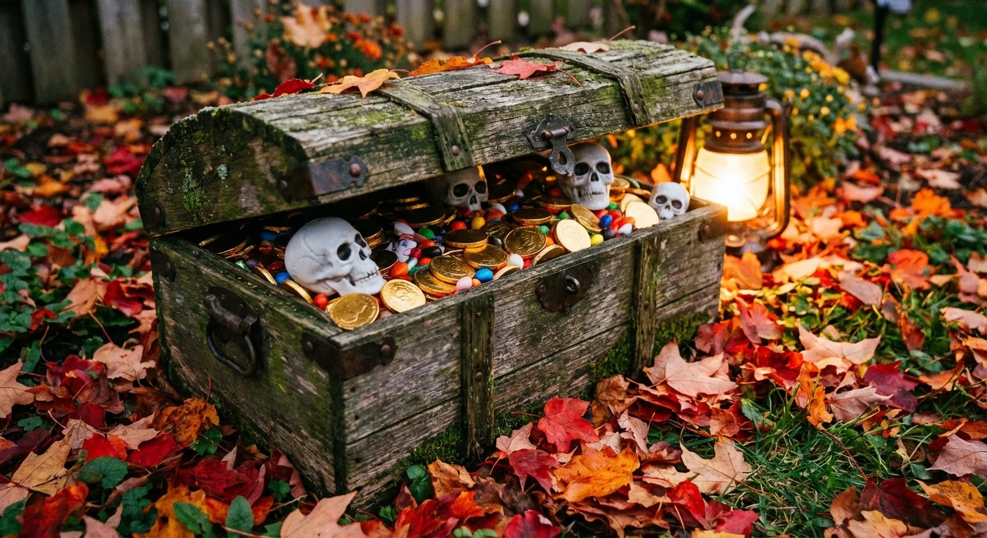 A wooden treasure chest filled with skulls and candy in a garden setting.