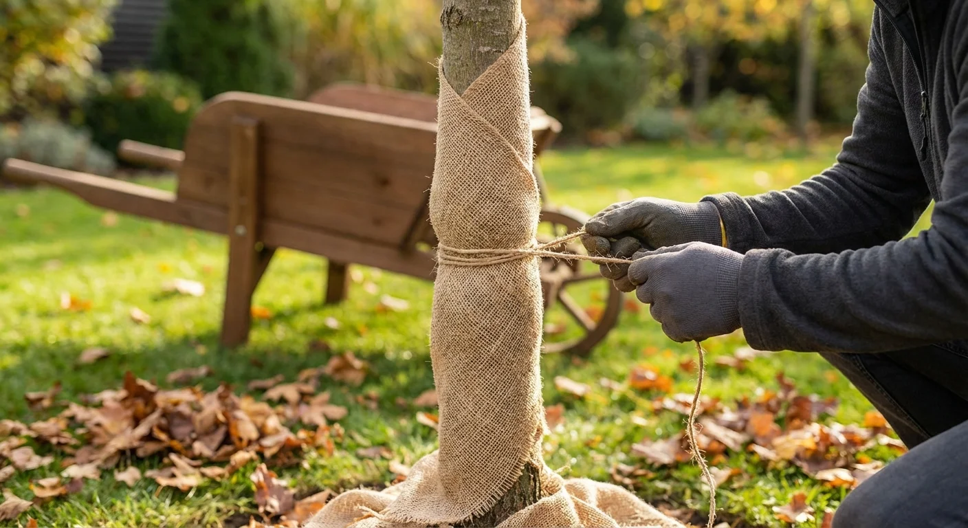 A young tree trunk being wrapped in tan burlap for winter protection.