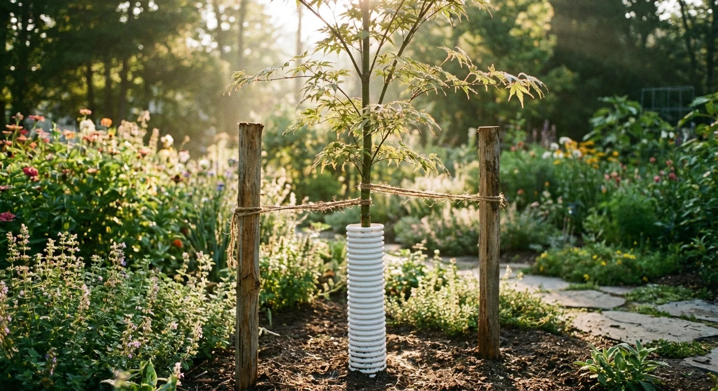 A young tree with a trunk guard and support stakes.