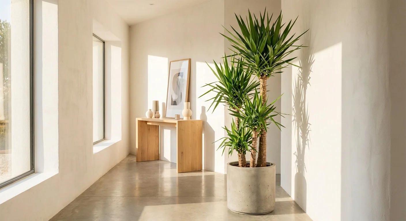 A Yucca plant with sharp green leaves in a minimalist, sunlit entryway.