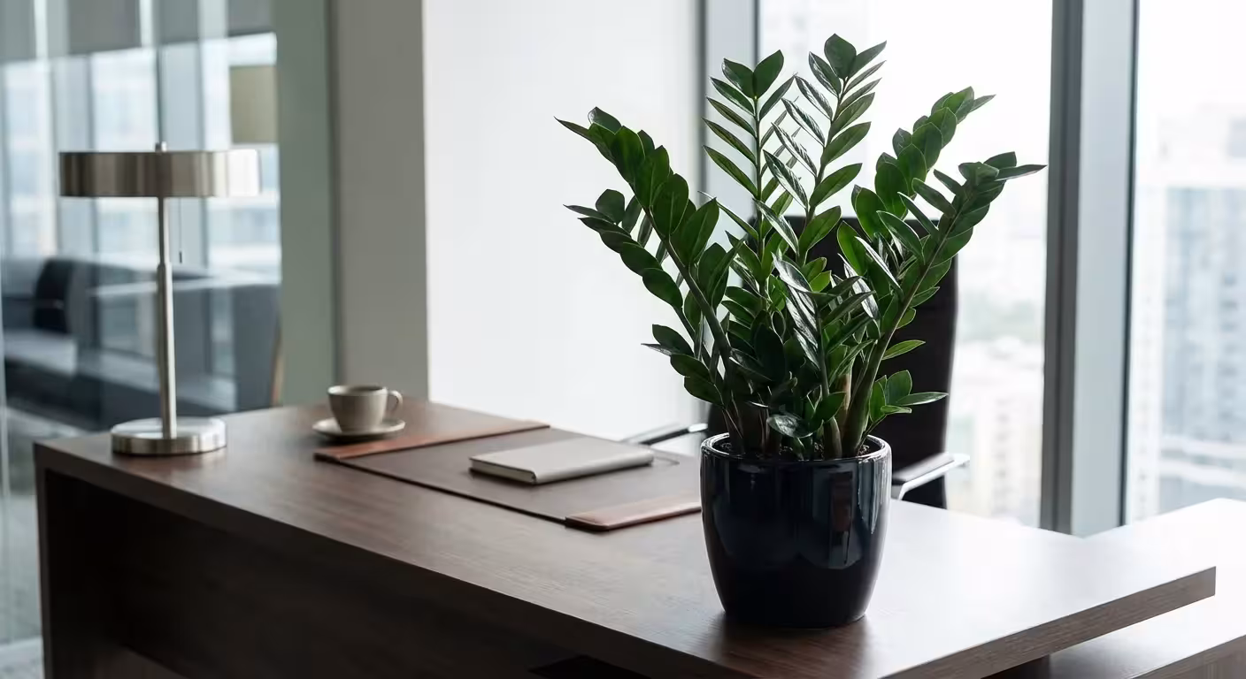 A ZZ plant with shiny, dark green leaves on a modern office desk.