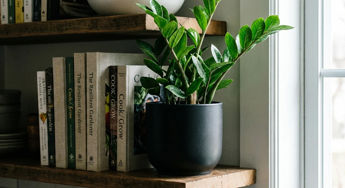 A ZZ plant with shiny green leaves in a black pot sitting on a kitchen bookshelf next to books.