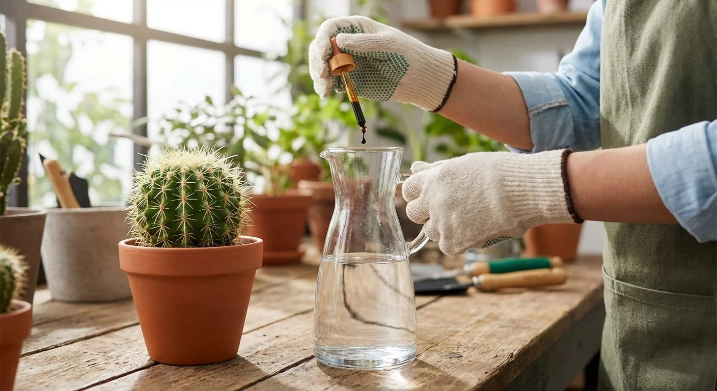 Adding liquid fertilizer to water for plant maintenance.