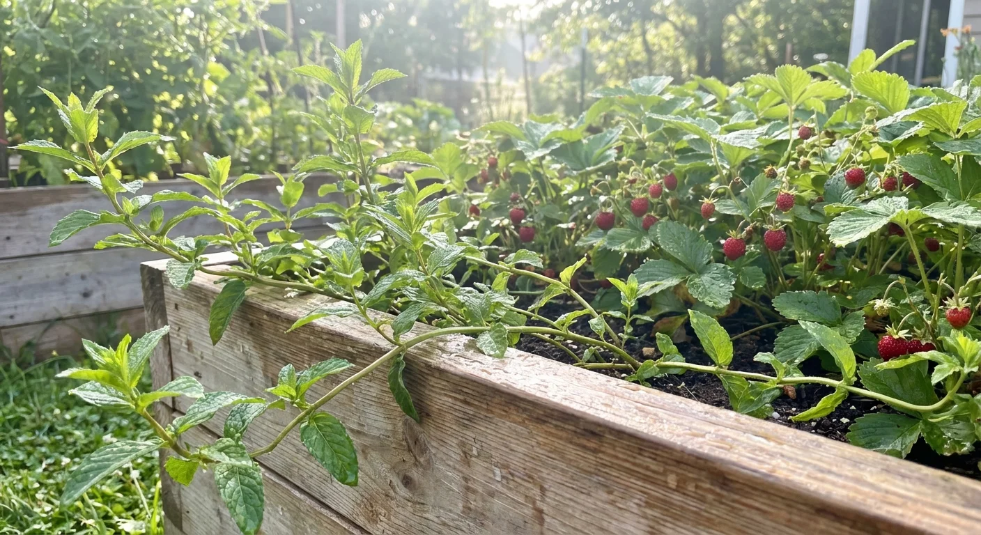 Aggressive mint plants spreading into a patch of strawberry plants in a wooden garden box.