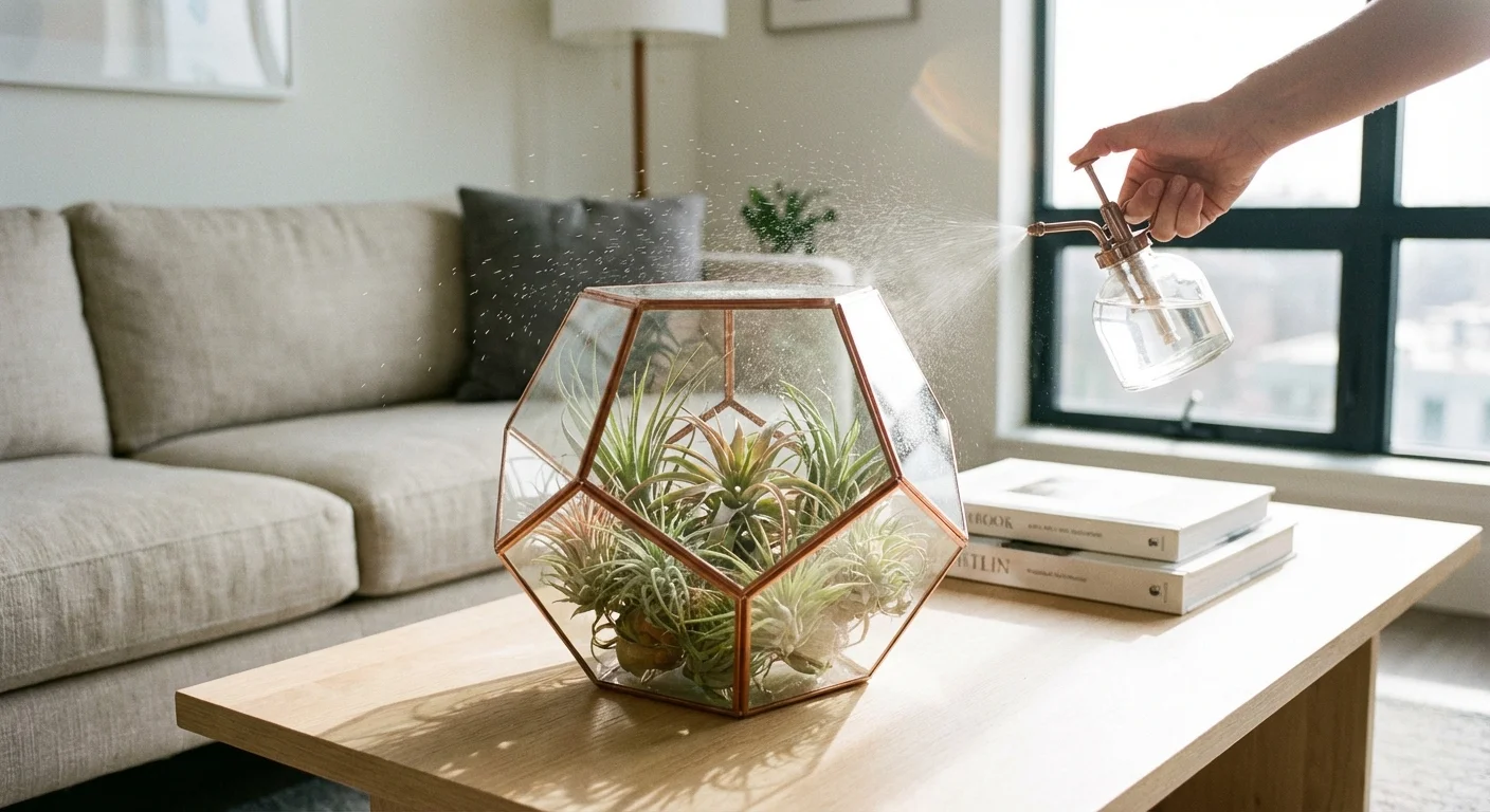 Air plants in a glass terrarium being misted with water.