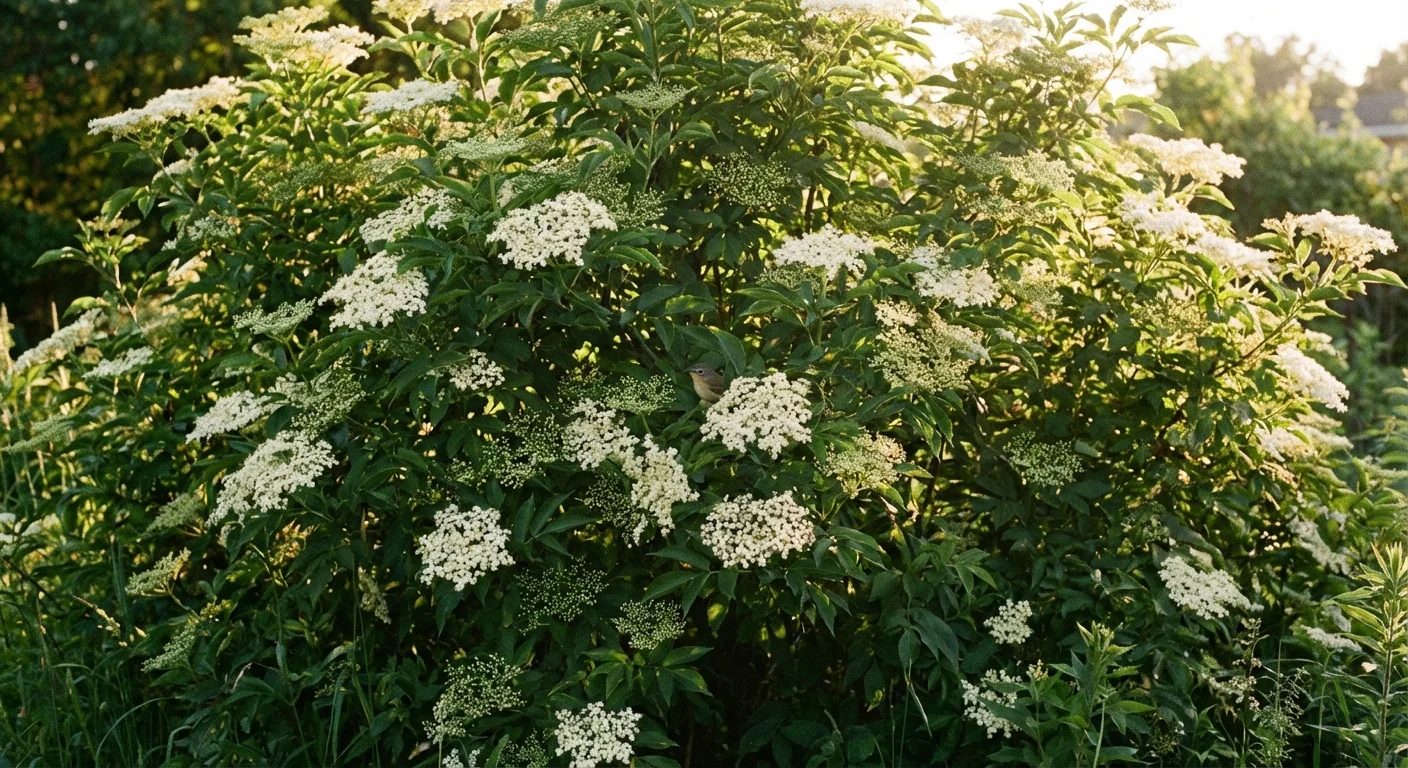 American elderberry bush with large white flower clusters.