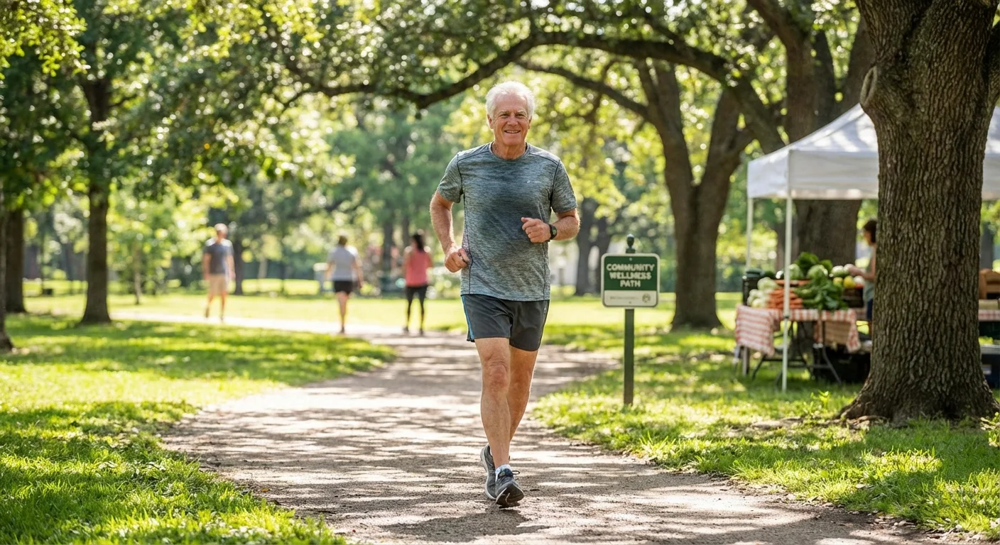 An active senior man jogging through a lush, green park.