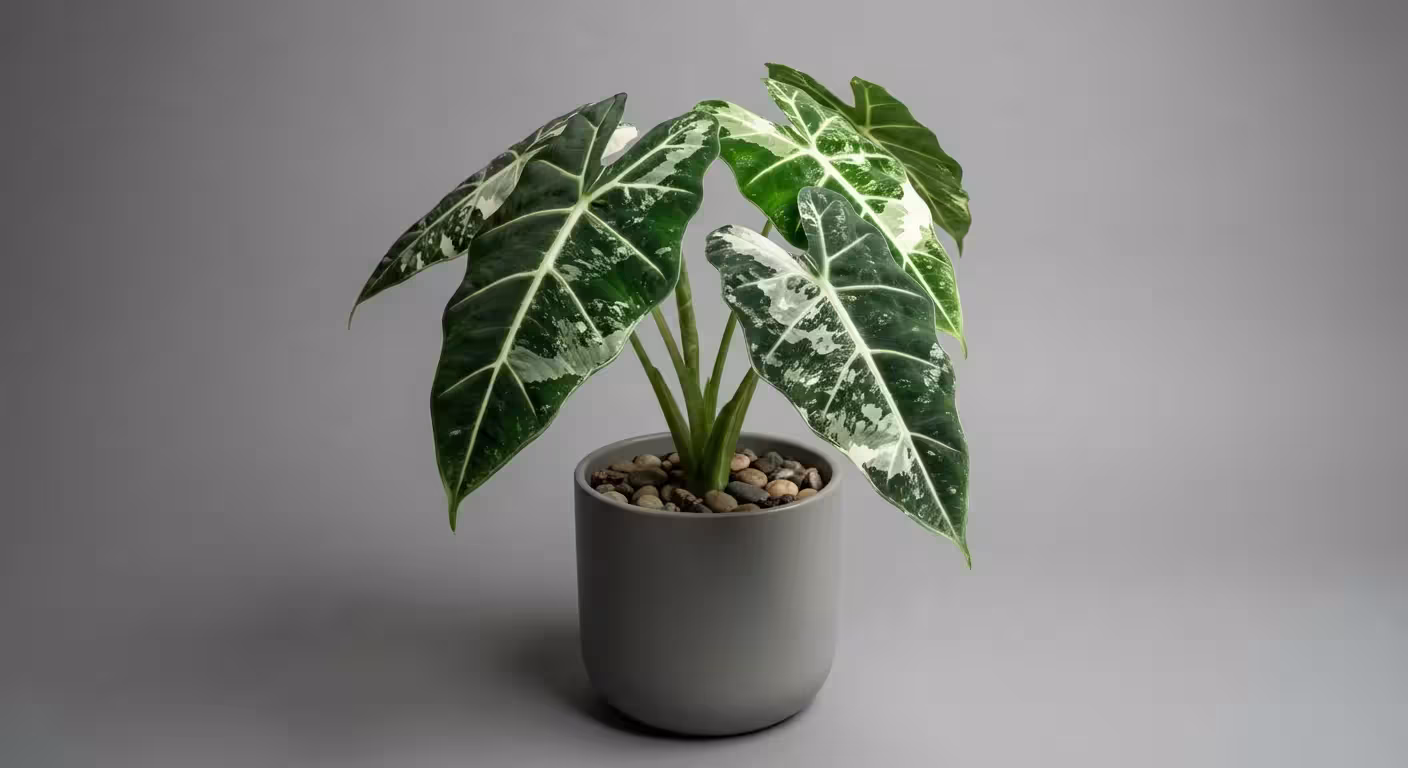 An Alocasia Frydek Variegata with dark green velvet leaves and bright white patches.