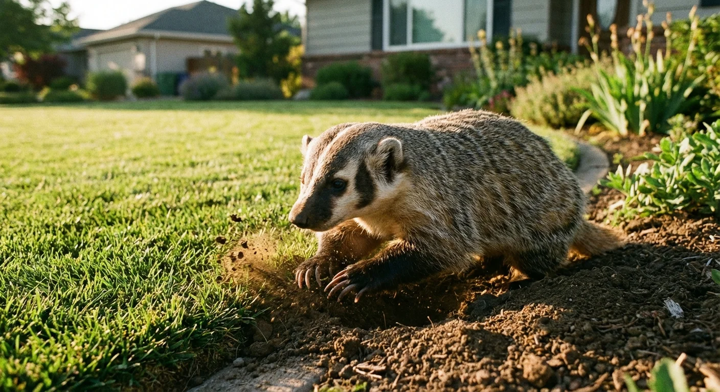 An American badger near its burrow at the edge of a garden lawn.