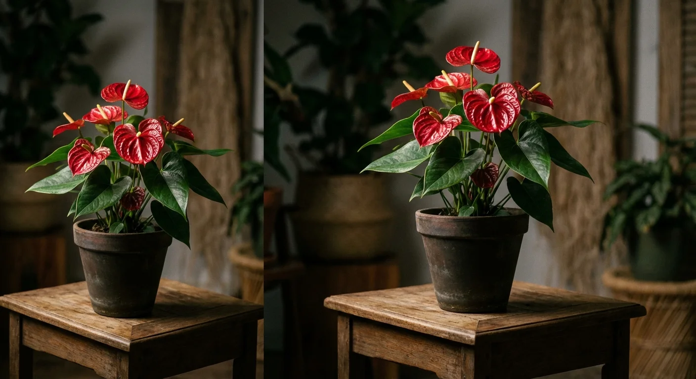An Anthurium plant with bright red, heart-shaped waxy blooms.