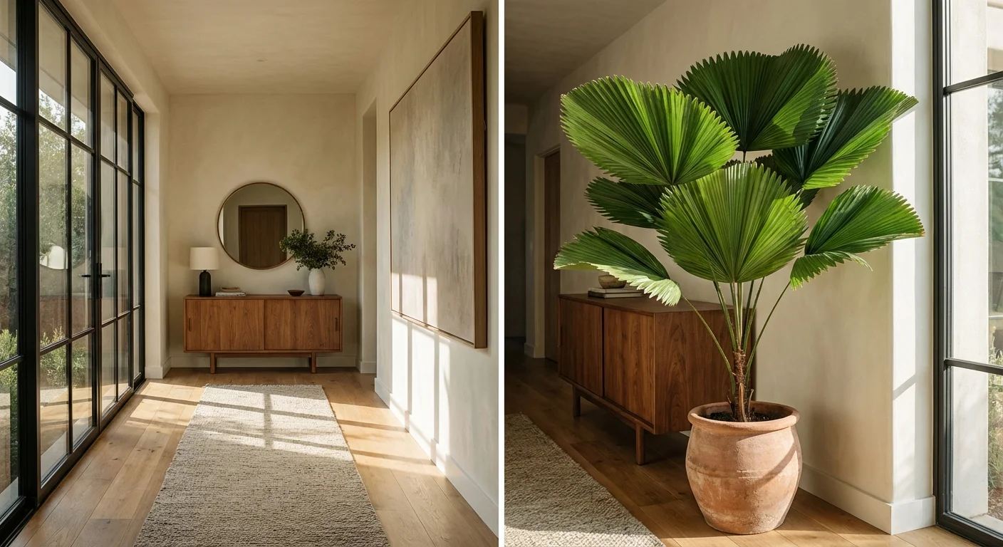 An architectural Chinese Fan Palm in a stylish home interior with warm wood accents.
