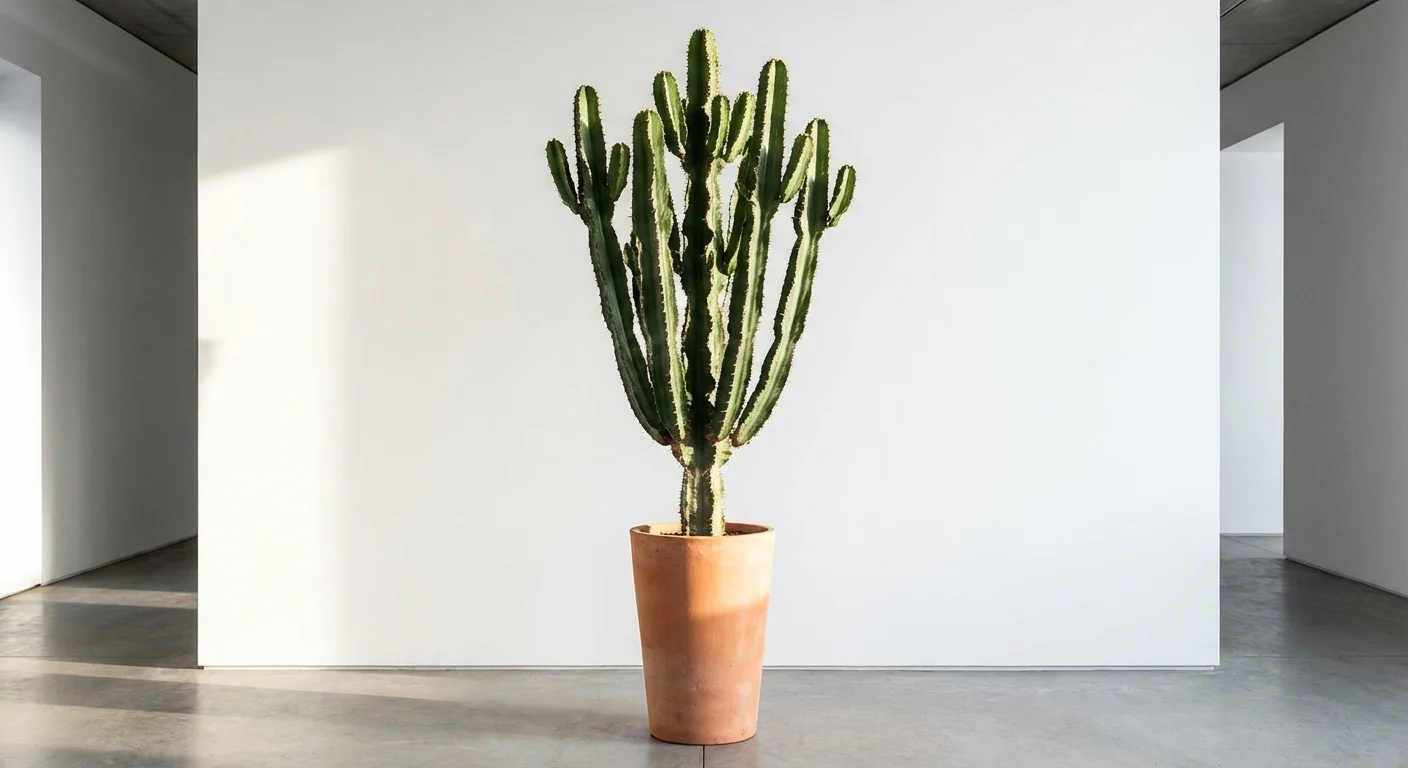 An architectural Euphorbia cactus against a clean white wall.