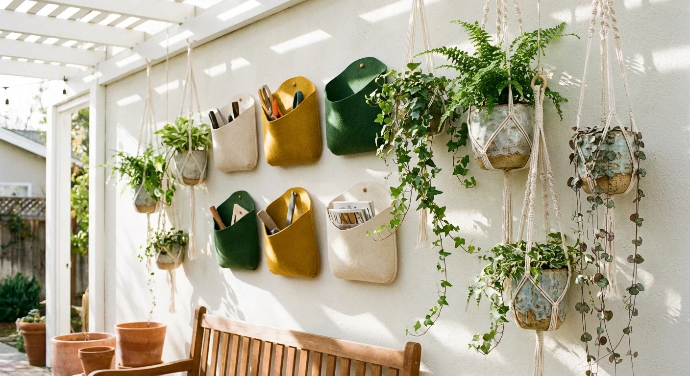 An arrangement of stylish felt and ceramic wall-mounted planters with trailing greenery.