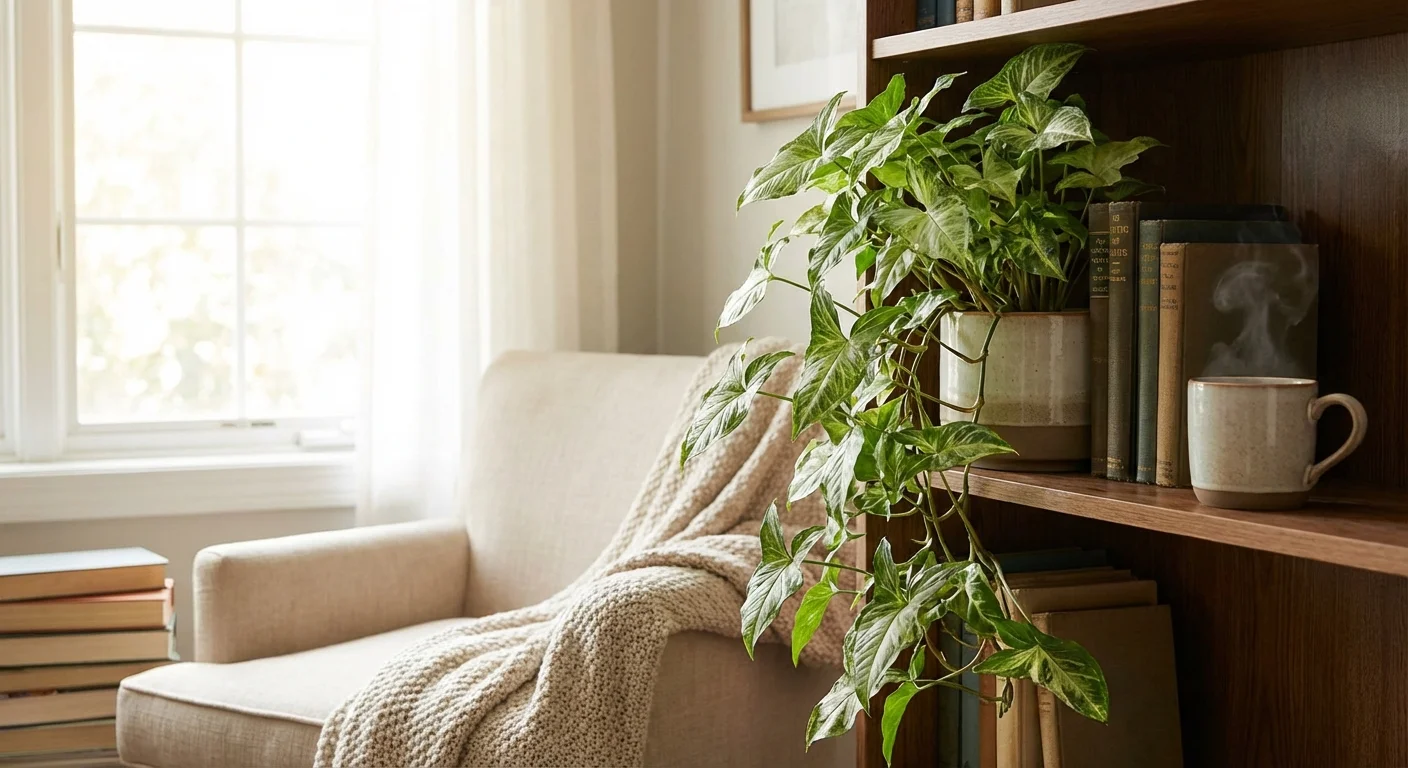 An Arrowhead plant with spade-shaped leaves trailing down a shelf.